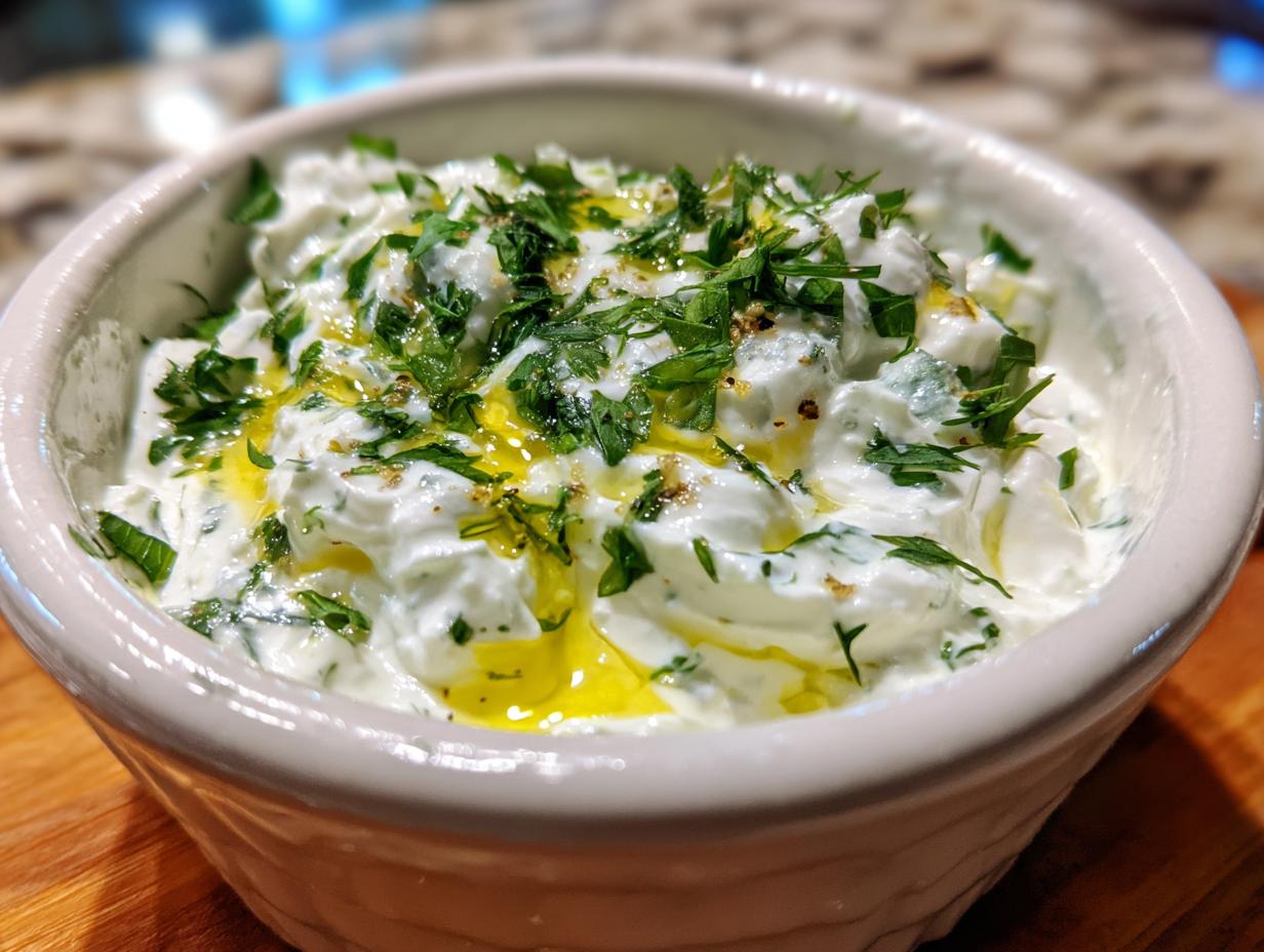 Close-up of creamy Tzatziki sauce in a white bowl, garnished with fresh parsley and olive oil.