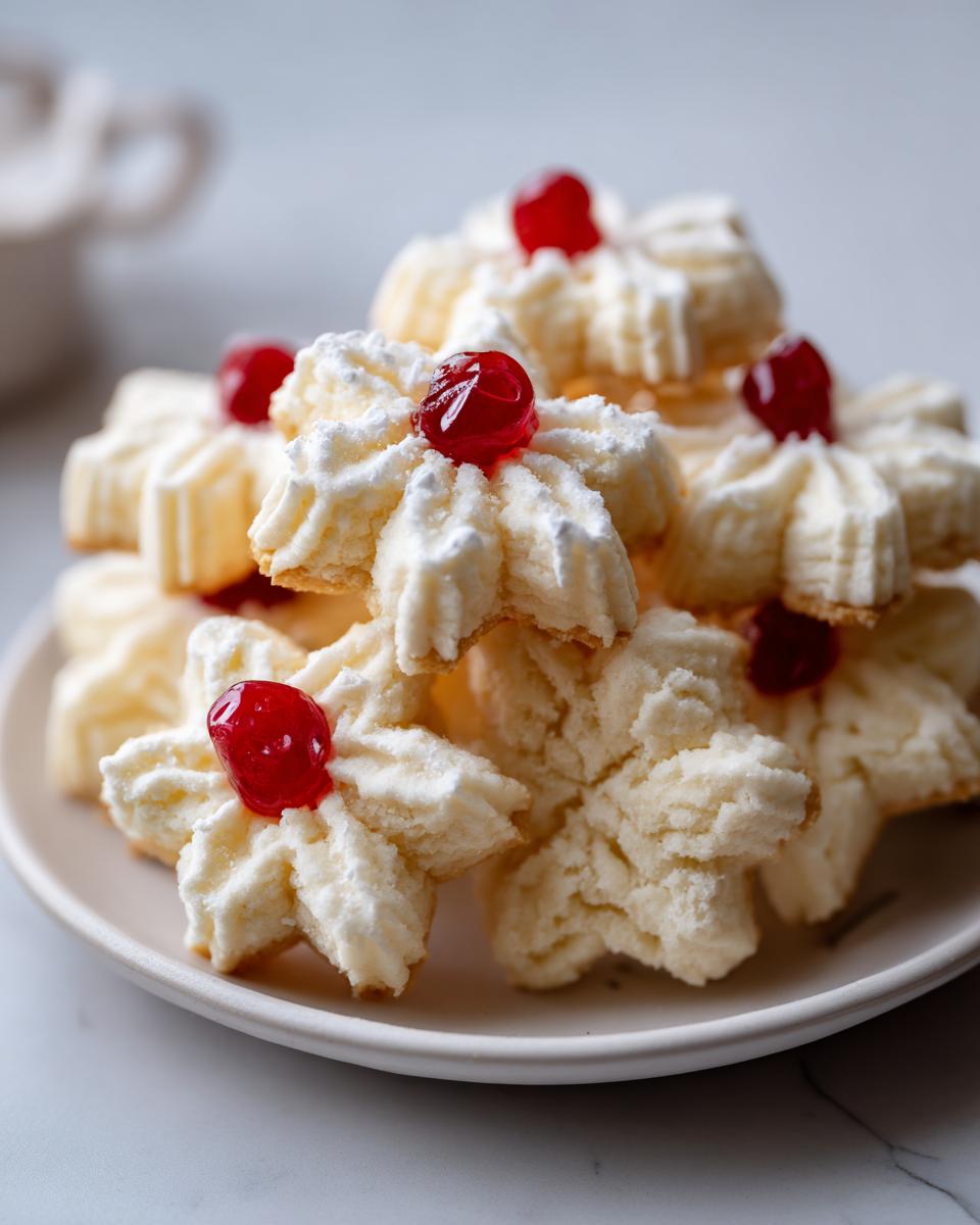 A close-up of a stack of delicate whipped shortbread cookies topped with bright red cherries.