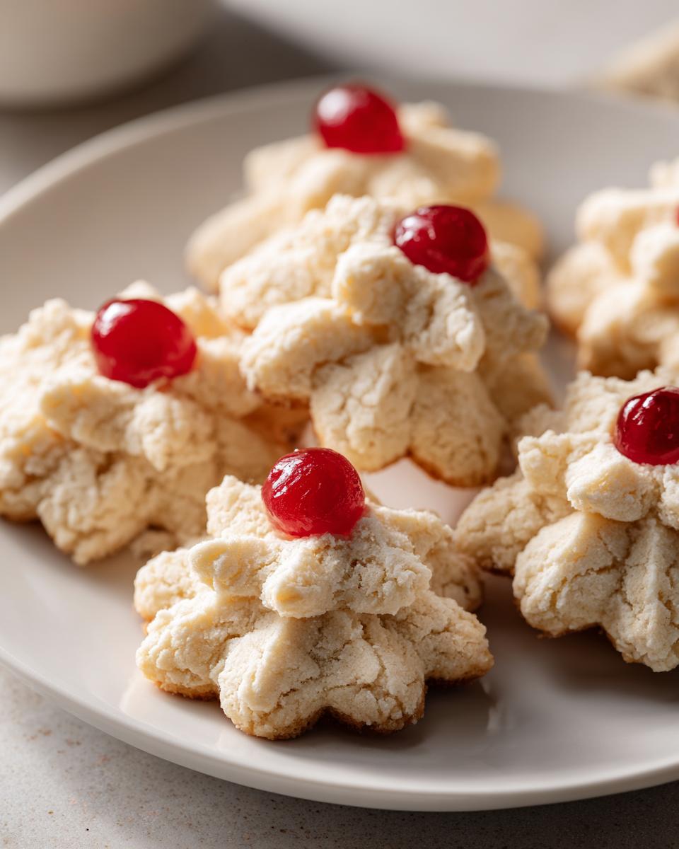 Close-up of delicate whipped shortbread cookies topped with bright red cherries on a white plate.