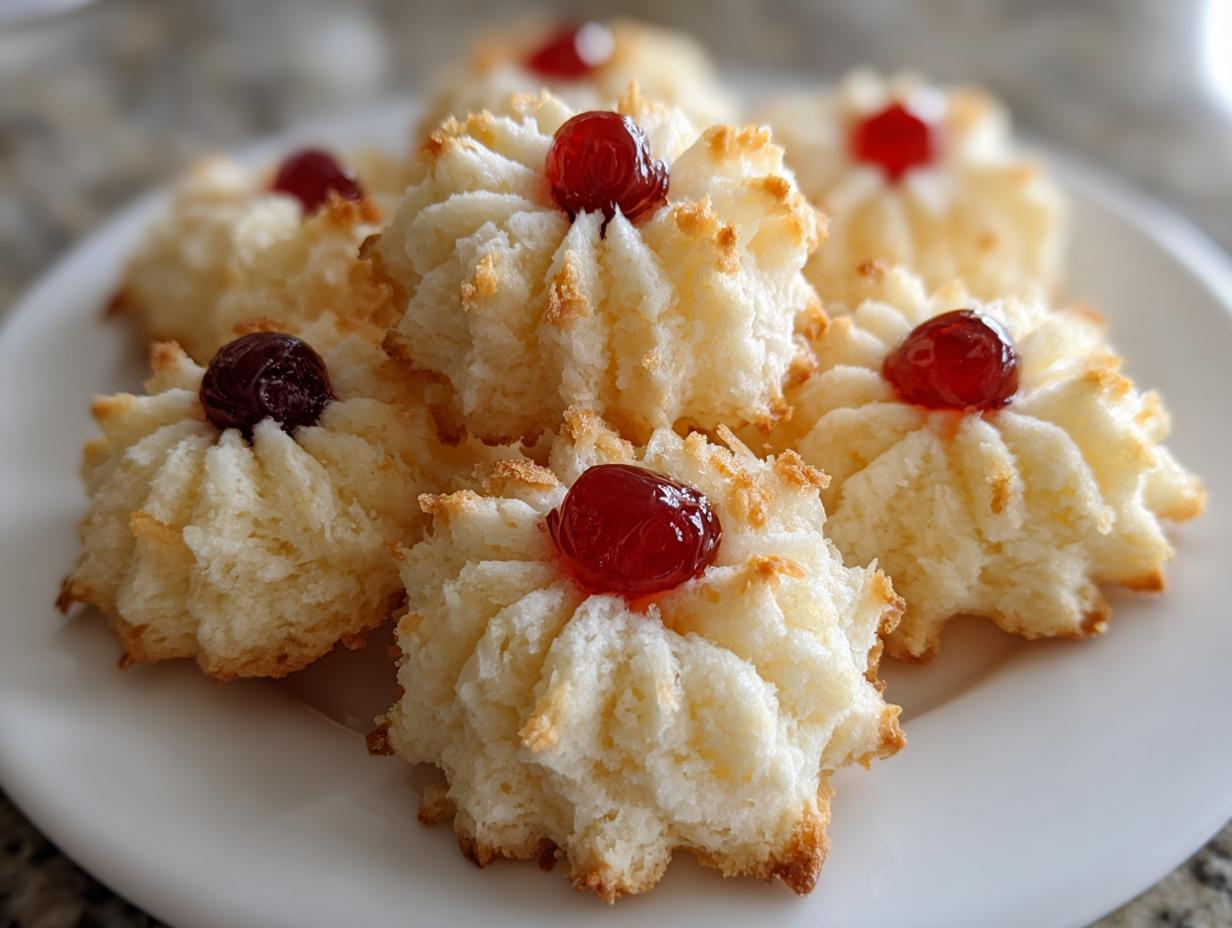 A close-up of several whipped shortbread cookies topped with bright red cherries on a white plate.