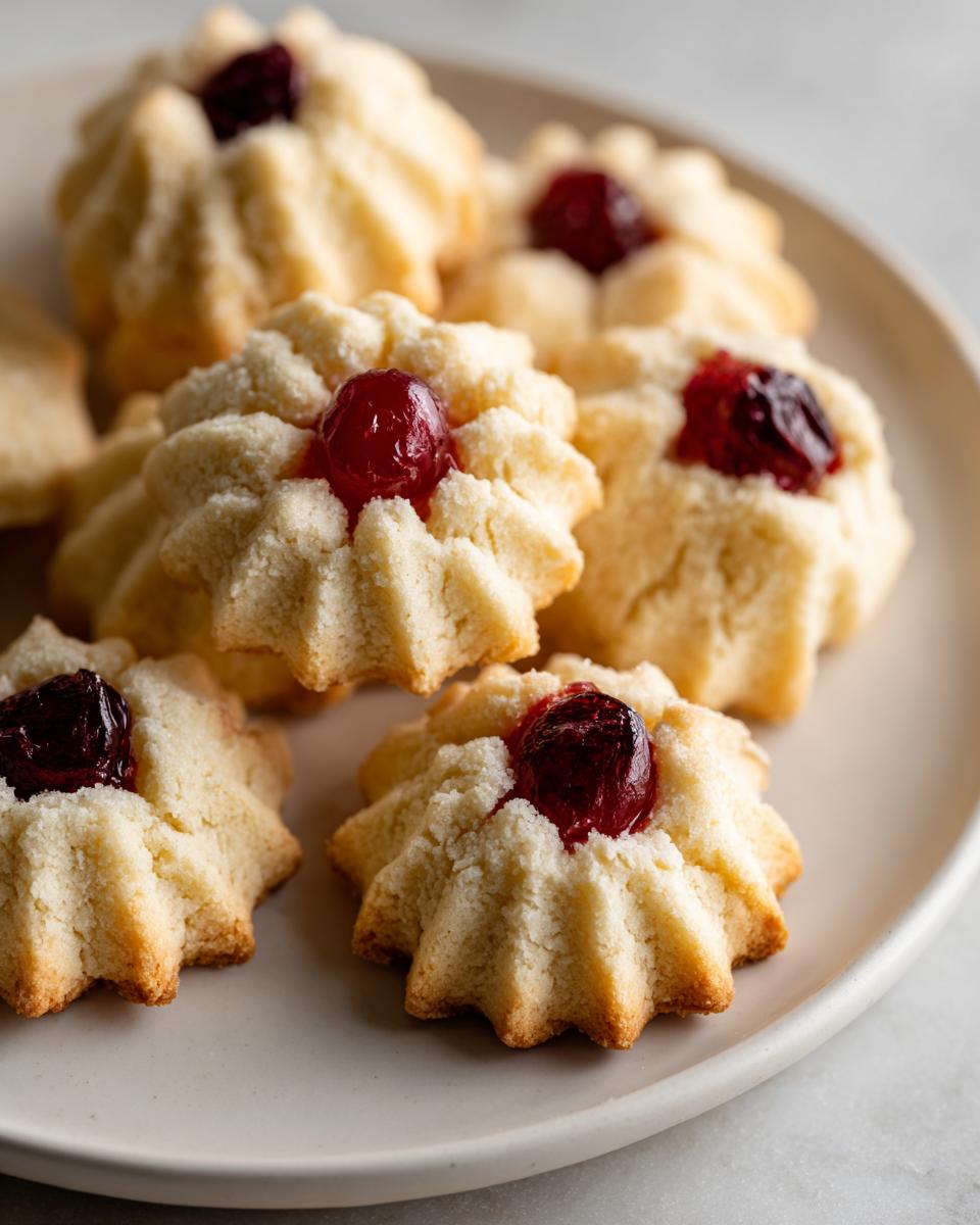 Close-up of delicate whipped shortbread cookies topped with a glossy cherry, arranged on a light-colored plate.