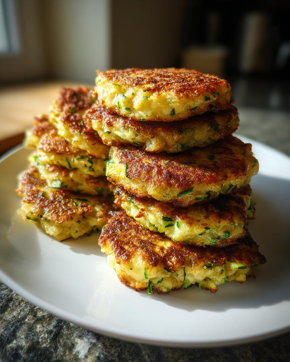 A tall stack of golden-brown zucchini fritters, showcasing their crispy edges and visible green zucchini shreds.