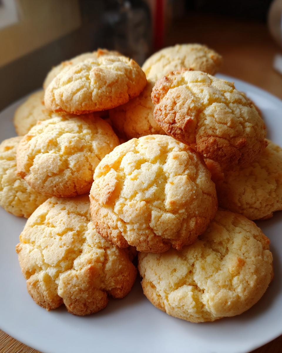 A pile of golden brown 3 ingredient butter cookies on a white plate, showcasing their slightly crinkled tops.