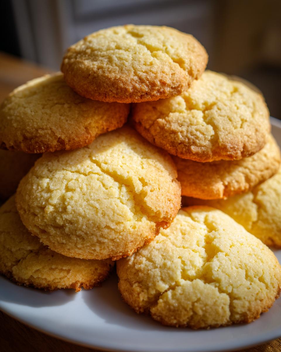 A close-up stack of golden brown 3 ingredient butter cookies on a white plate.