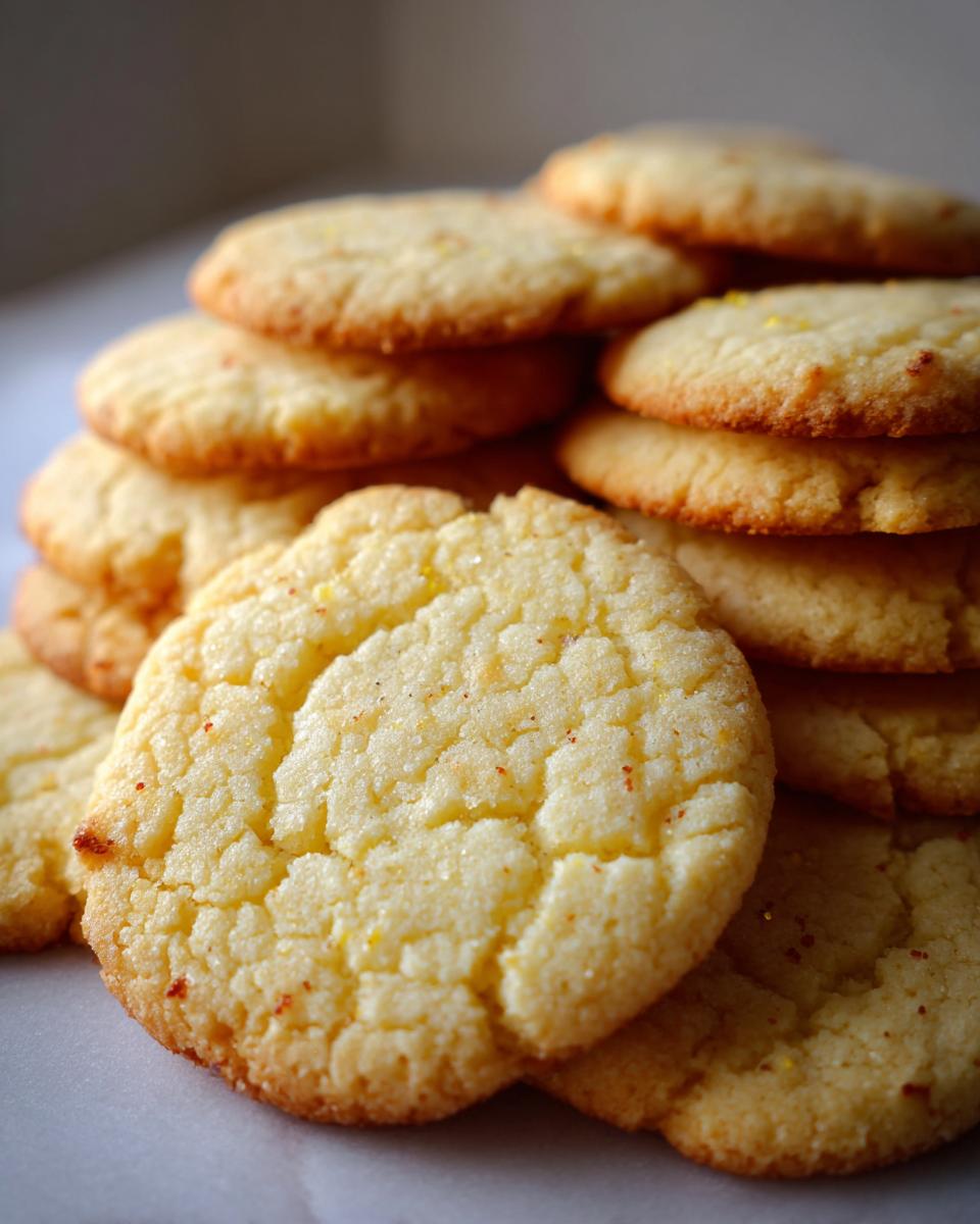 Close-up of a stack of golden 3 ingredient butter cookies with a slightly cracked surface and visible sugar crystals.