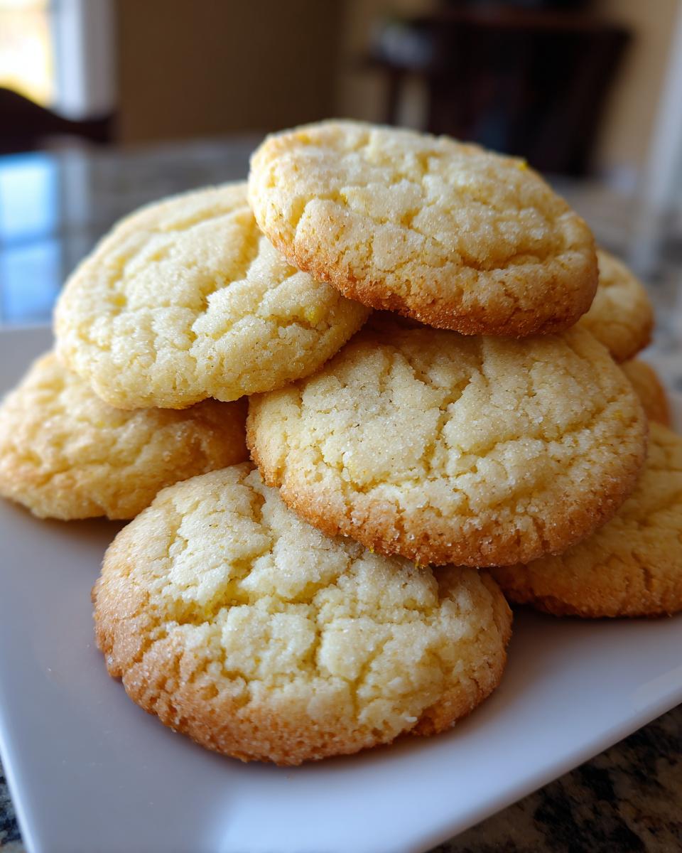 A stack of golden brown 3 ingredient butter cookies with a slightly cracked surface, piled on a white plate.