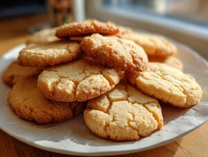 A close-up of a stack of golden brown 3 ingredient butter cookies on a white plate, bathed in sunlight.