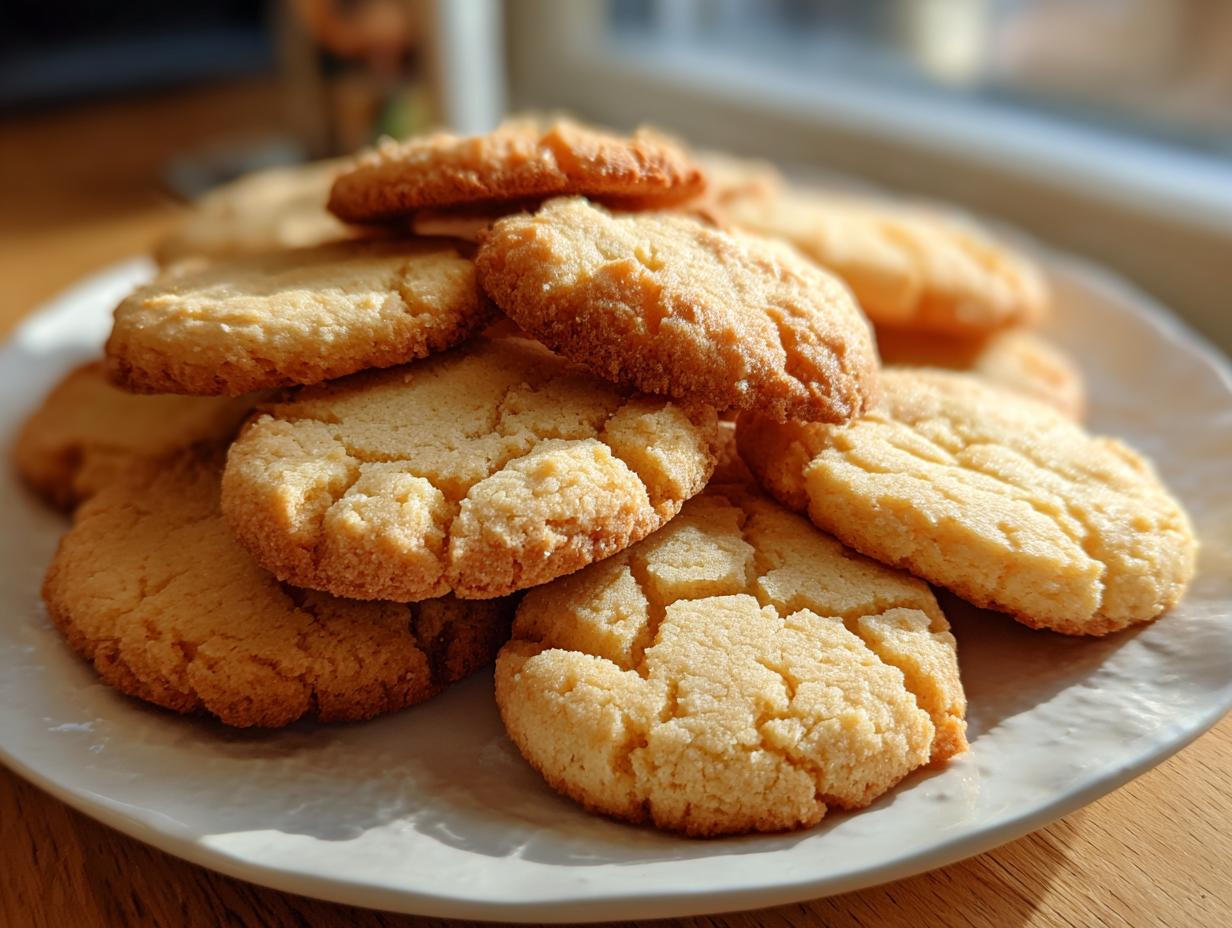 A close-up of a stack of golden brown 3 ingredient butter cookies on a white plate, bathed in sunlight.