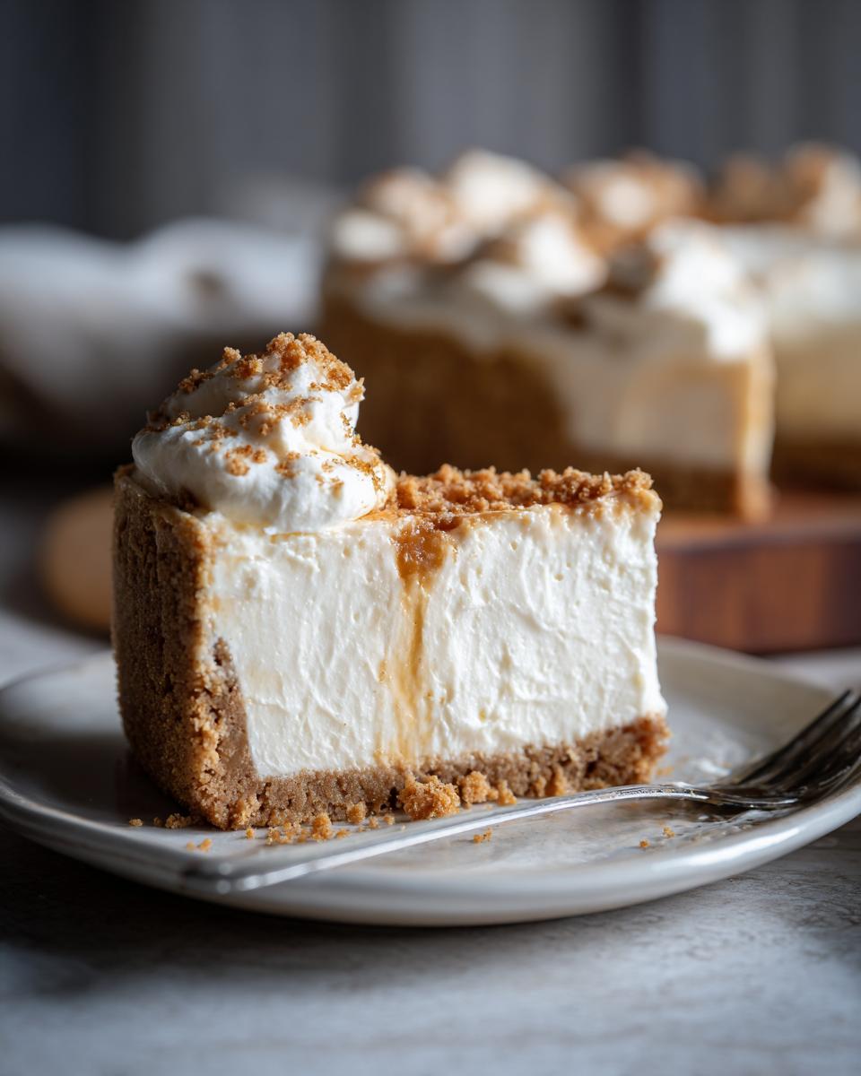 A slice of creamy 3 ingredient no bake cheesecake with a graham cracker crust, topped with whipped cream and crumbs.