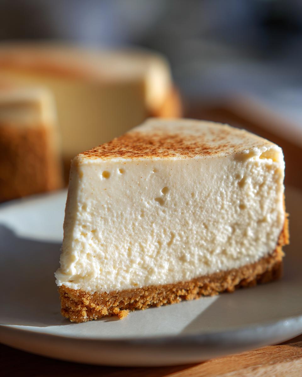 A close-up of a slice of 3 ingredient no bake cheesecake with a graham cracker crust, dusted with cinnamon.