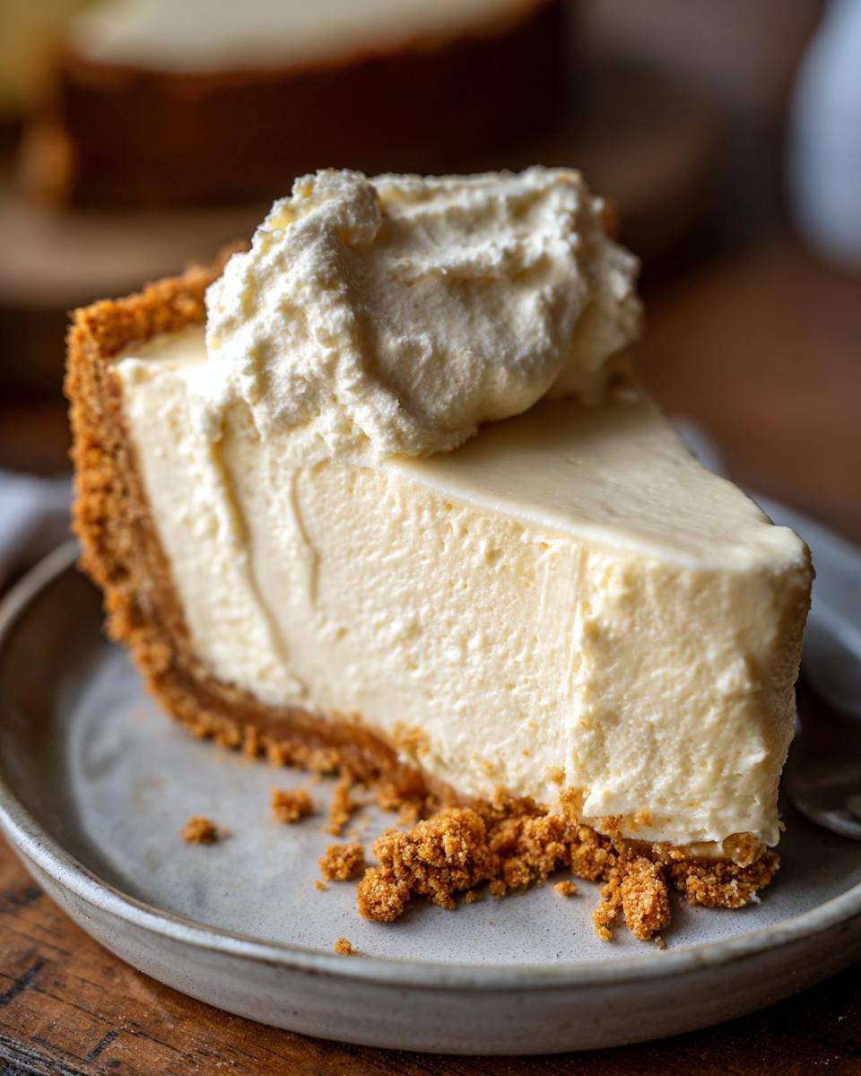 A generous slice of 3 ingredient no bake cheesecake, topped with whipped cream, on a grey plate.
