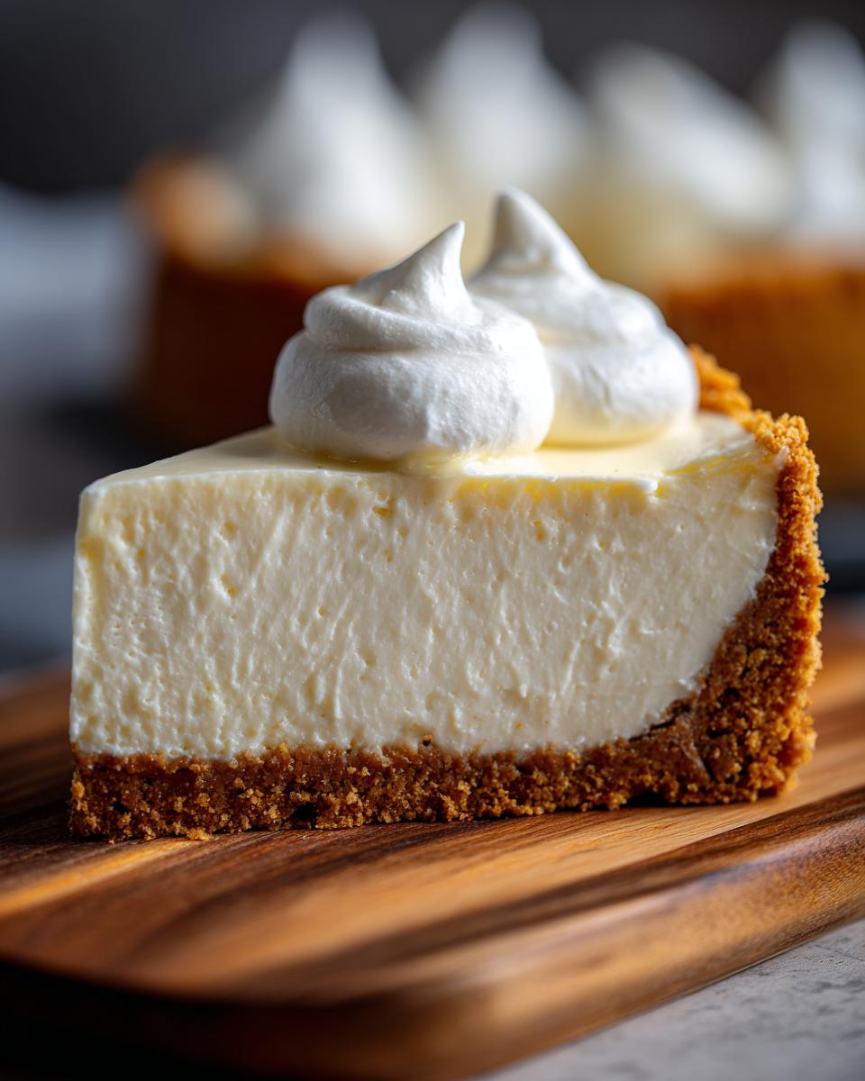 A perfect slice of 3 ingredient no bake cheesecake with whipped cream topping on a wooden board.