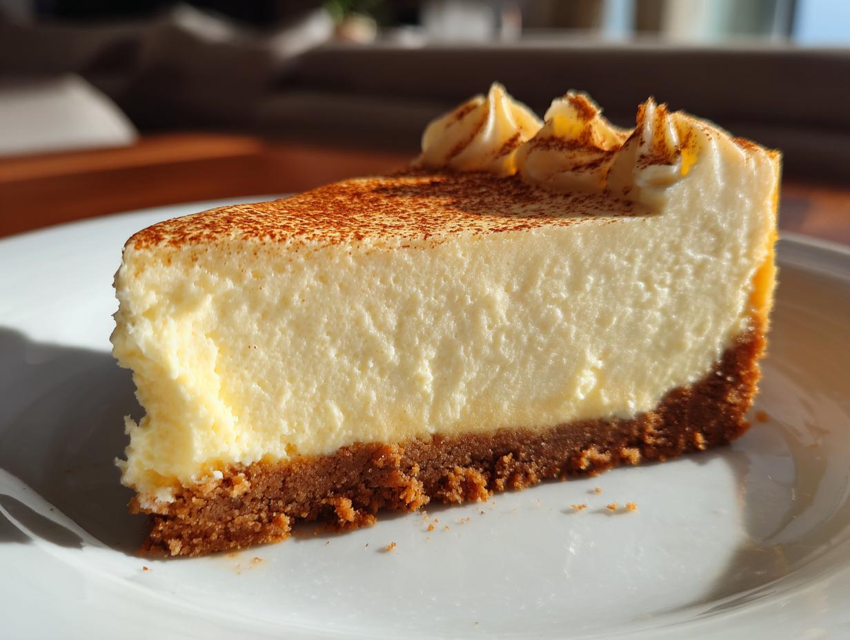 A close-up of a slice of 3 ingredient no bake cheesecake on a white plate, dusted with cinnamon.