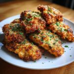 A pile of golden-brown air fryer parmesan crusted chicken pieces sprinkled with fresh parsley on a white plate.