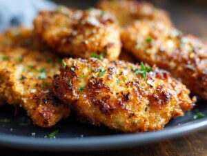Close-up of golden-brown air fryer parmesan crusted chicken pieces, sprinkled with fresh parsley.