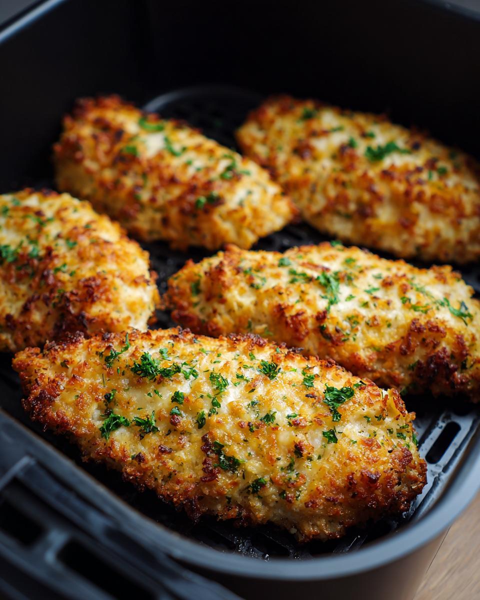 Five pieces of golden-brown air fryer parmesan crusted chicken with chopped parsley, resting in an air fryer basket.