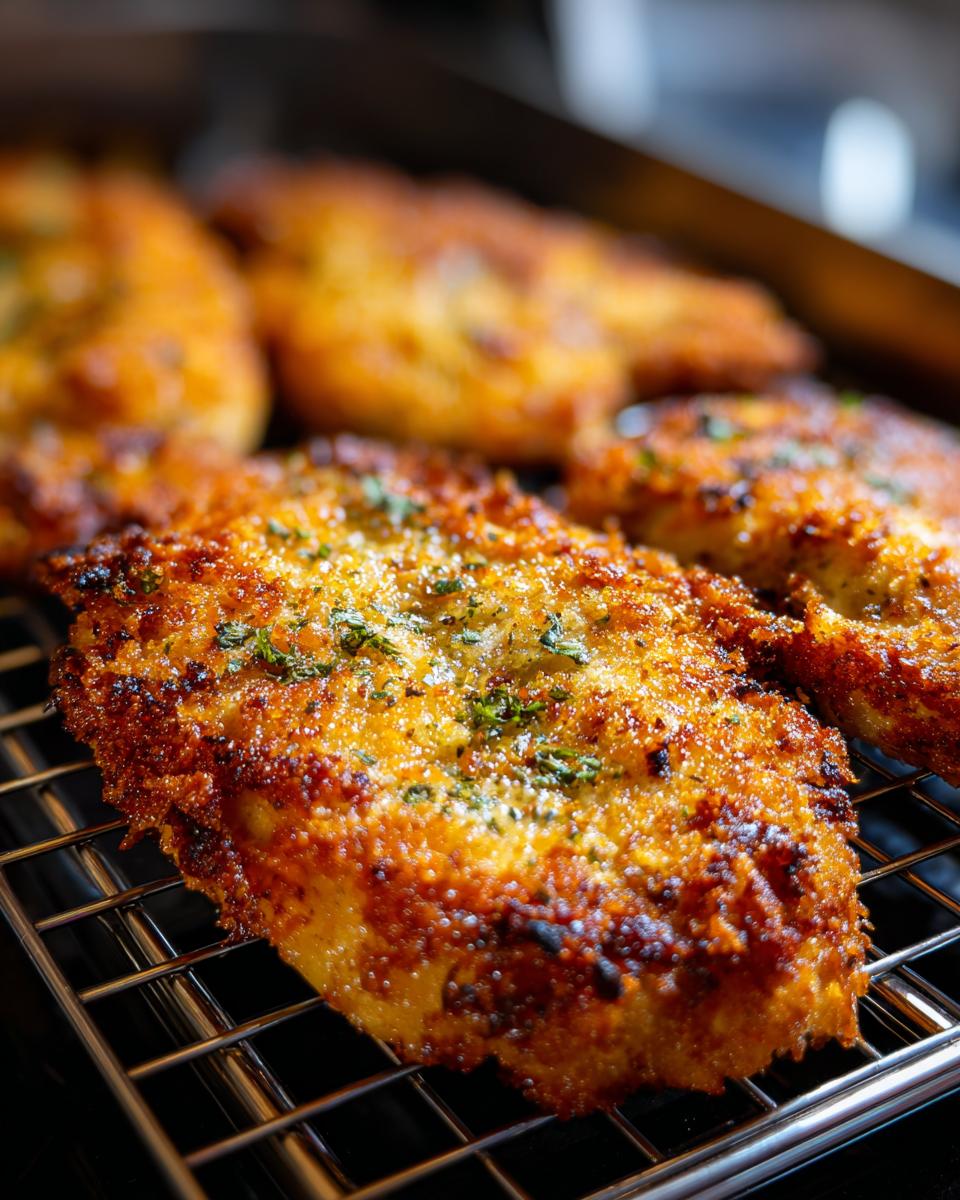 Close-up of golden brown air fryer parmesan crusted chicken on a cooling rack, sprinkled with herbs.