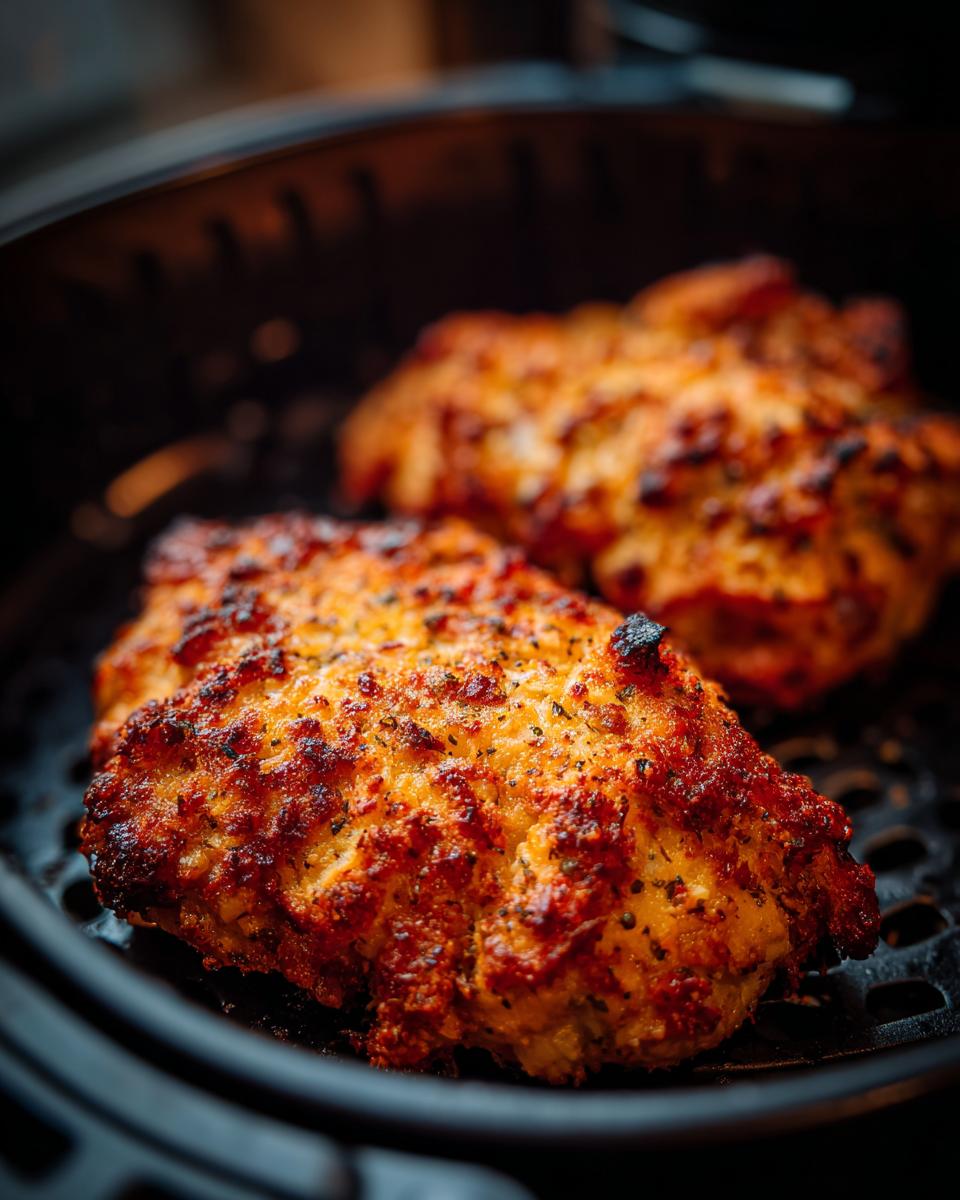 Close-up of two golden-brown air fryer parmesan crusted chicken pieces in an air fryer basket.