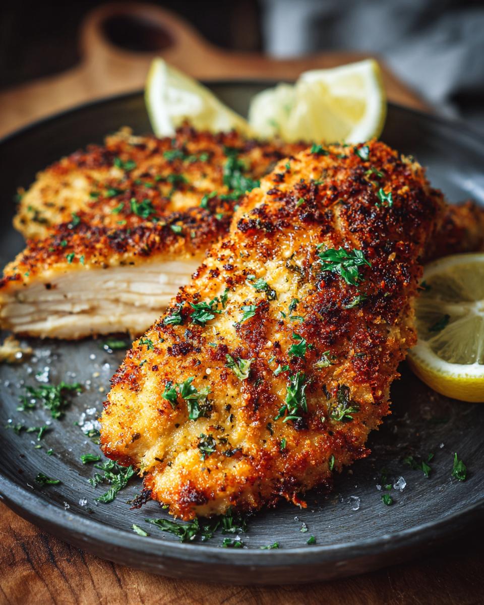 Two juicy air fryer parmesan crusted chicken fillets on a dark plate, garnished with lemon wedges and parsley.