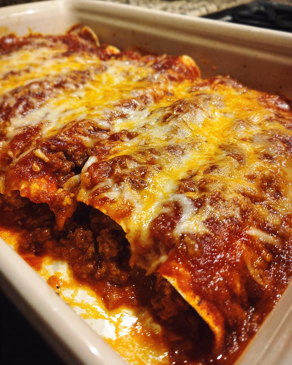 Close-up of delicious beef enchiladas covered in red sauce and melted cheese in a baking dish.