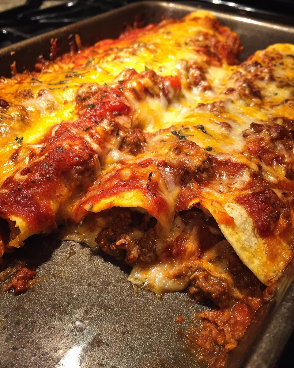 Close-up of bubbling, cheesy Amazing Beef Enchiladas in a baking dish, with rich red sauce and ground beef filling visible.