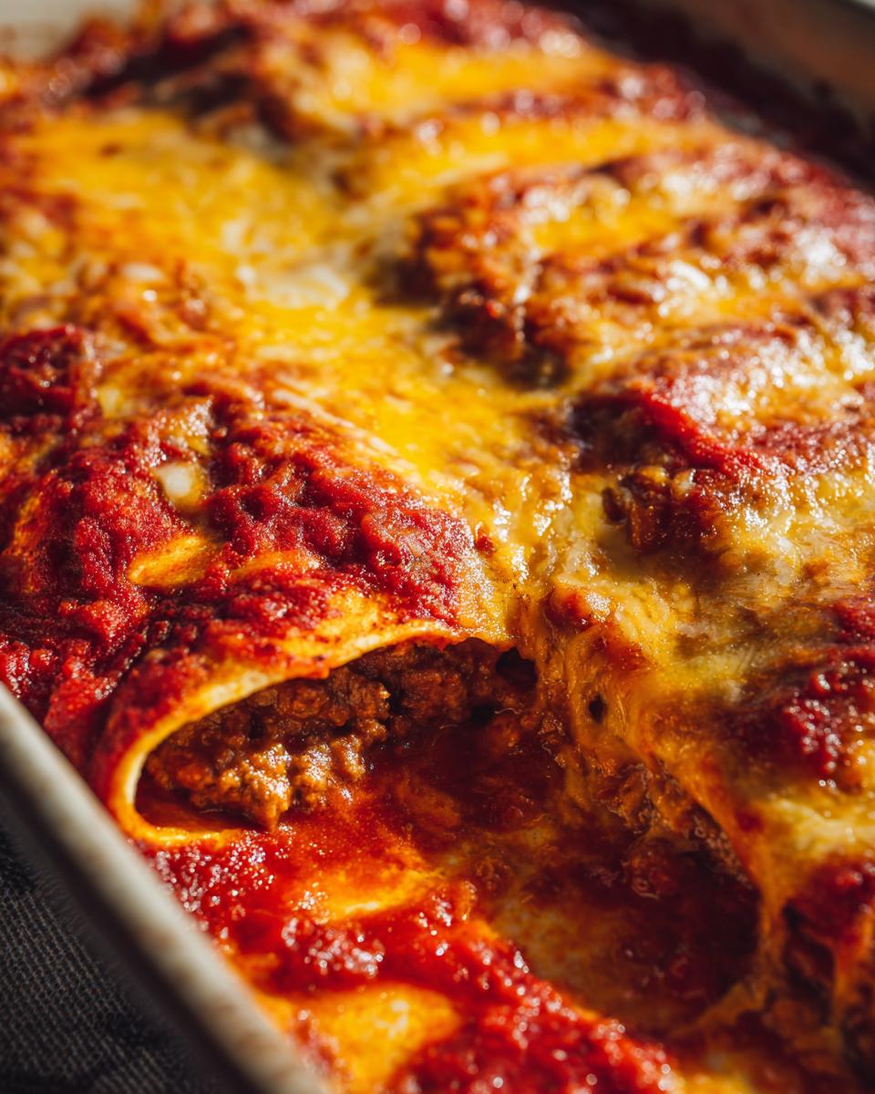 Close-up of bubbling cheese and rich red sauce over tender beef enchiladas in a baking dish.