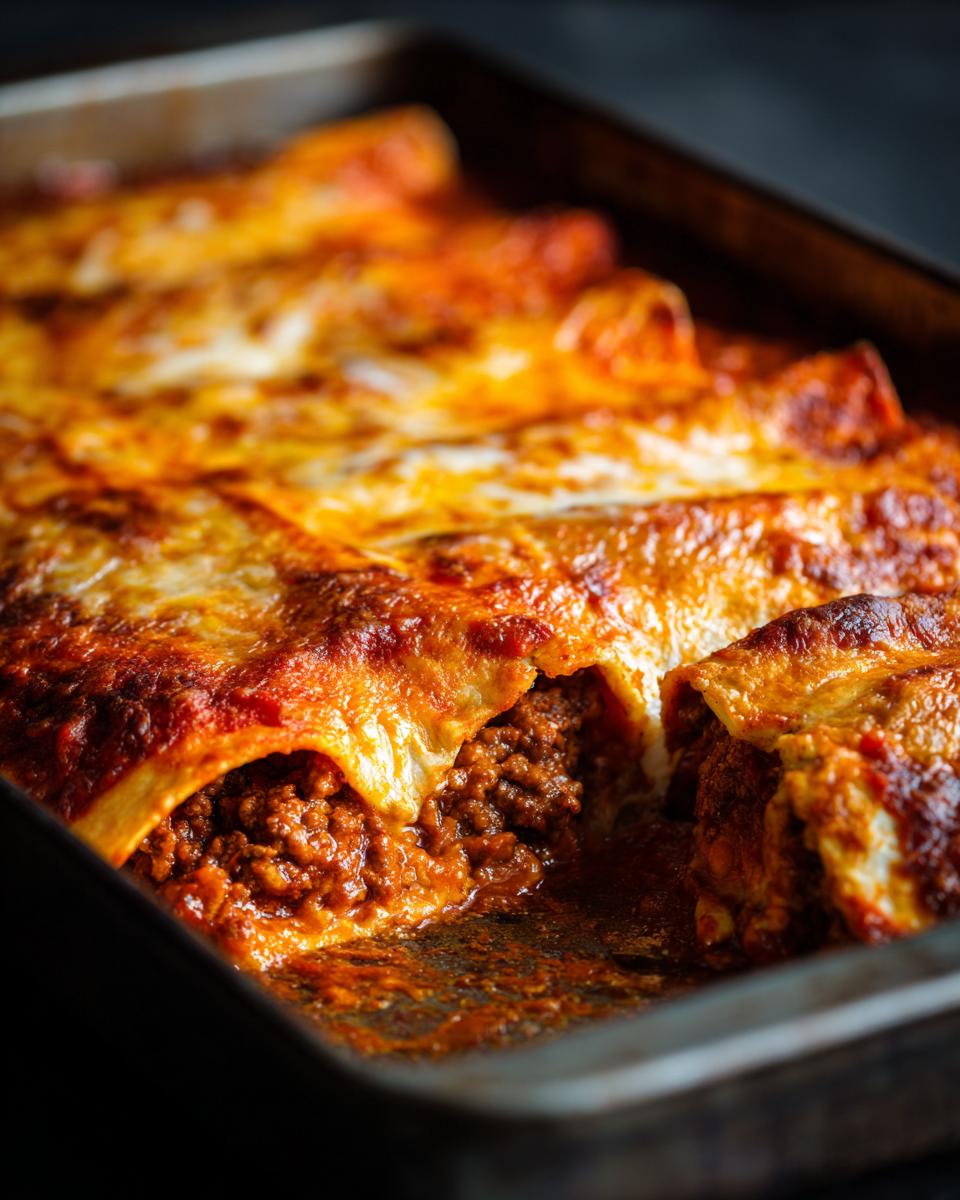 Close-up of baked beef enchiladas in a baking dish, with melted cheese and red sauce.