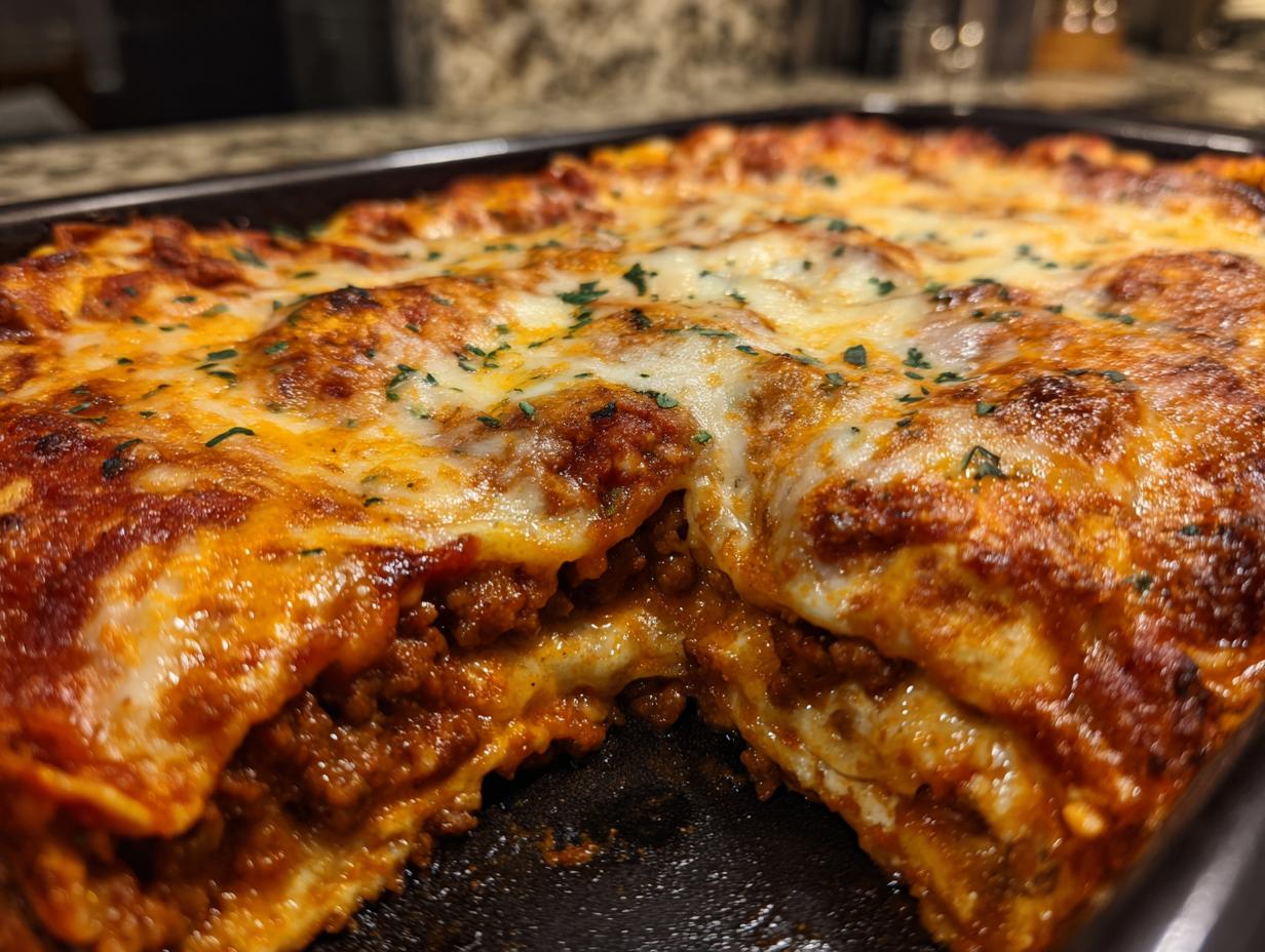 Close-up of a slice of amazing beef enchiladas, showing layers of tortillas, seasoned beef, and melted cheese.