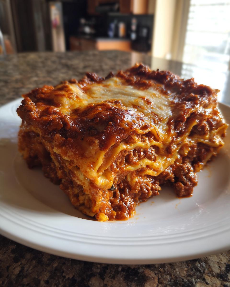 A hearty slice of Amazing Beef Lasagna, showing layers of pasta, rich meat sauce, and melted cheese.