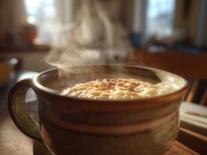 Close-up of a steaming bowl of creamy potato soup, topped with a sprinkle of seasoning.