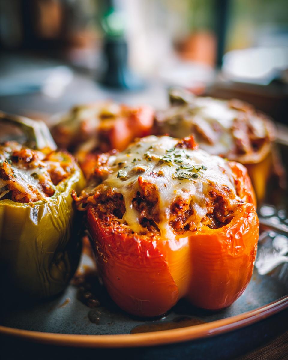 Close-up of delicious stuffed bell peppers filled with meat and topped with melted cheese and herbs.