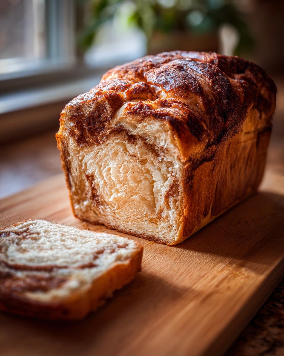 A loaf of freshly baked Amish cinnamon bread with a slice cut and placed in front.