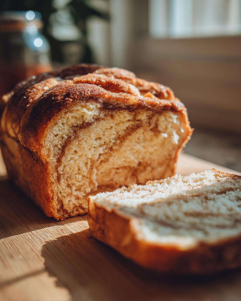 A close-up of a freshly baked Amish cinnamon bread loaf with a slice cut, showcasing the swirled cinnamon filling.