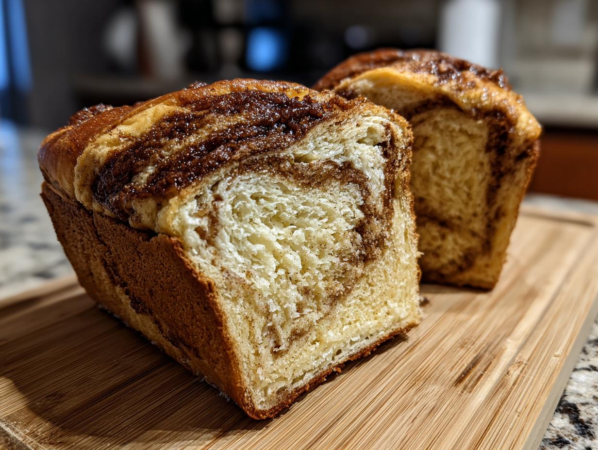 Close-up of a freshly baked Amish cinnamon bread loaf, sliced to reveal its swirled cinnamon filling and soft texture.