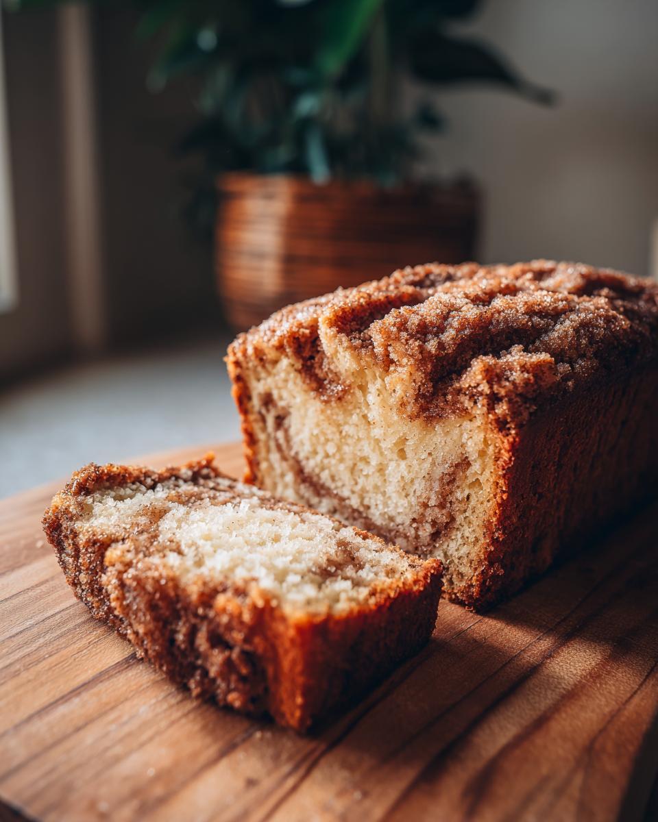 A close-up of a slice of moist Amish cinnamon bread with a swirl of cinnamon sugar topping.