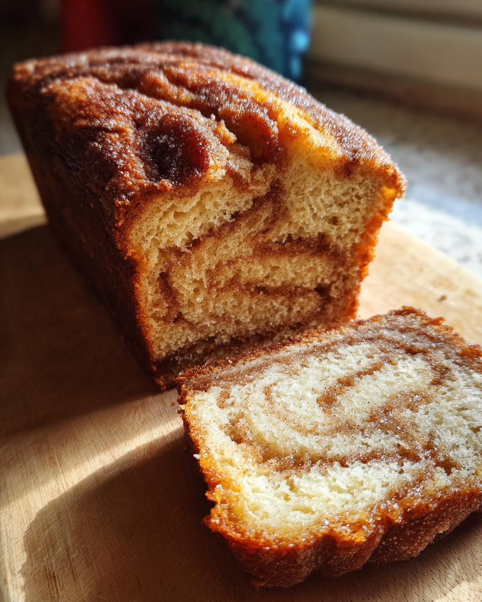 A close-up of a slice of Amish cinnamon bread, showcasing its swirled cinnamon filling and golden-brown crust.