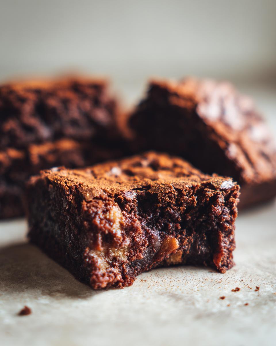 Close-up of a fudgy apple brownie with a bite taken out, dusted with cocoa powder.