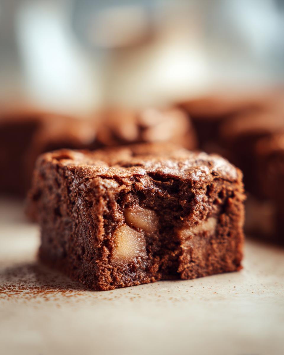 Close-up of a rich chocolate apple brownie with visible chunks of apple inside.
