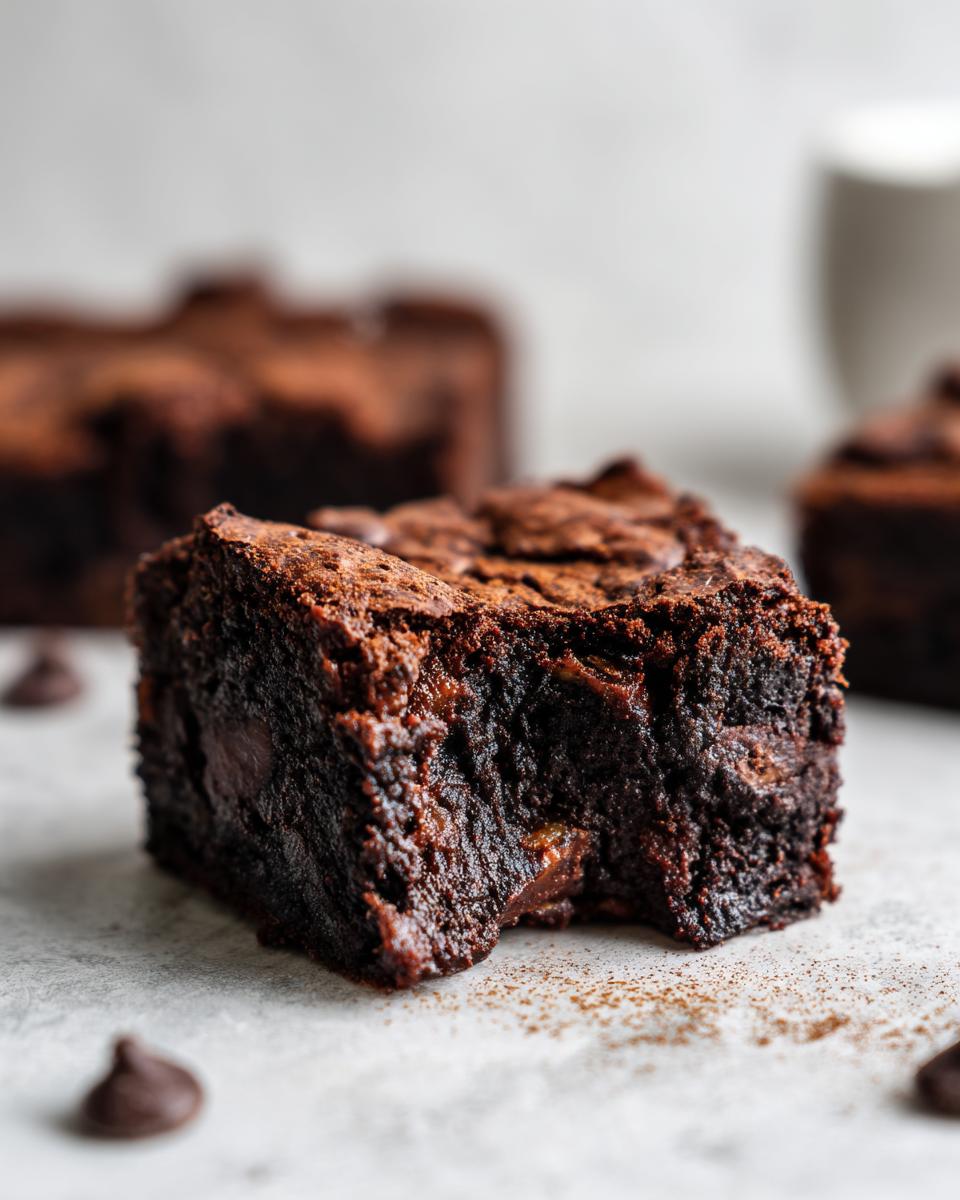 Close-up of a rich, fudgy apple brownie with visible chocolate chips and a bite taken out.