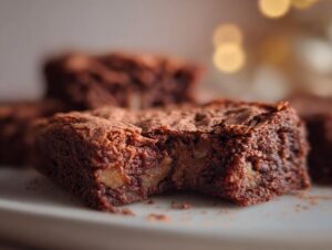 Close-up of a fudgy apple brownie with chunks of apple visible, dusted with cocoa powder.