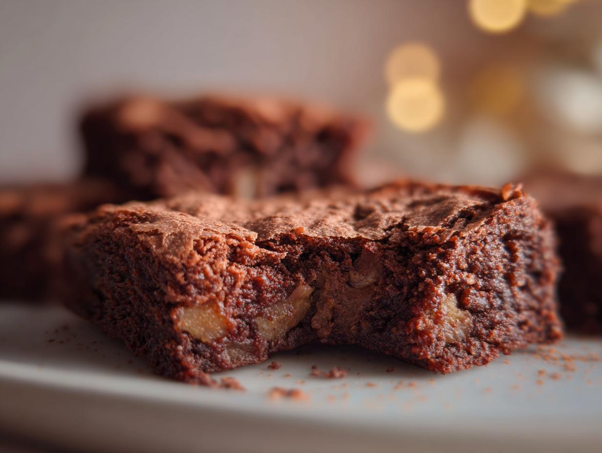 Close-up of a fudgy apple brownie with chunks of apple visible, dusted with cocoa powder.