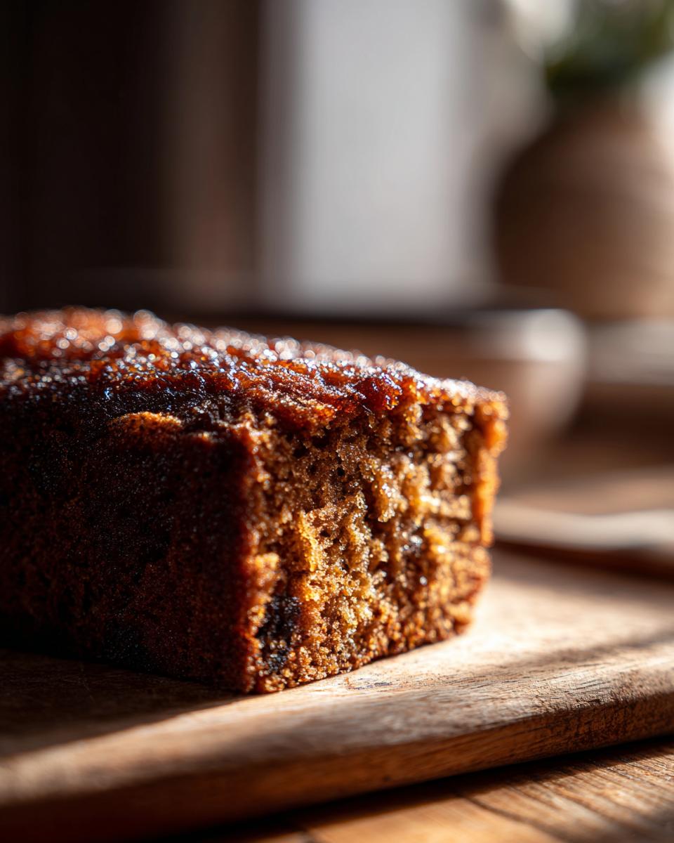 A close-up of a slice of moist apple butter loaf cake on a wooden board, with a glossy topping.