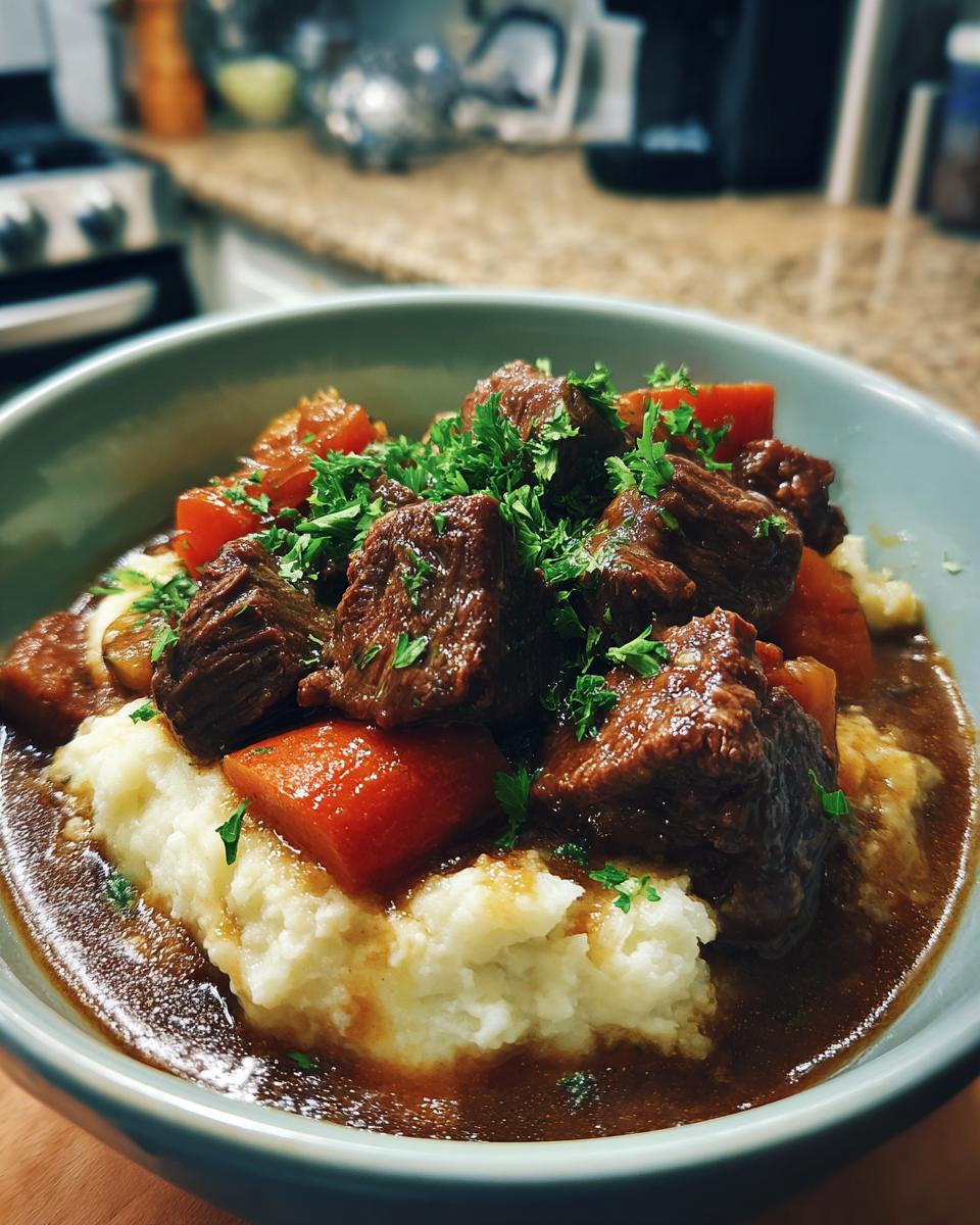A close-up of a bowl of apple cider beef stew served over creamy mashed potatoes, garnished with fresh parsley.