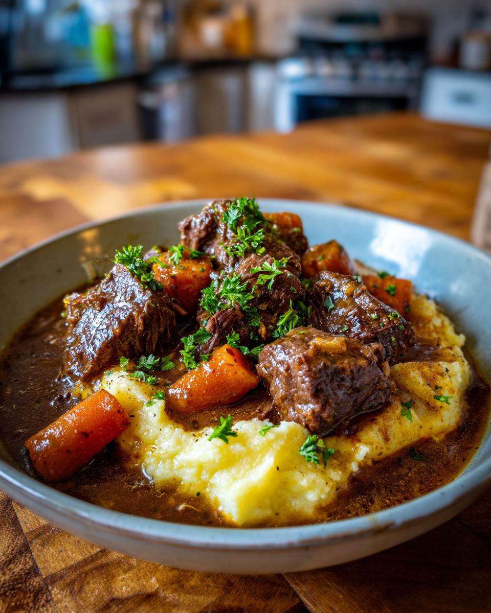 A bowl of rich apple cider beef stew served over creamy mashed potatoes, garnished with fresh parsley.