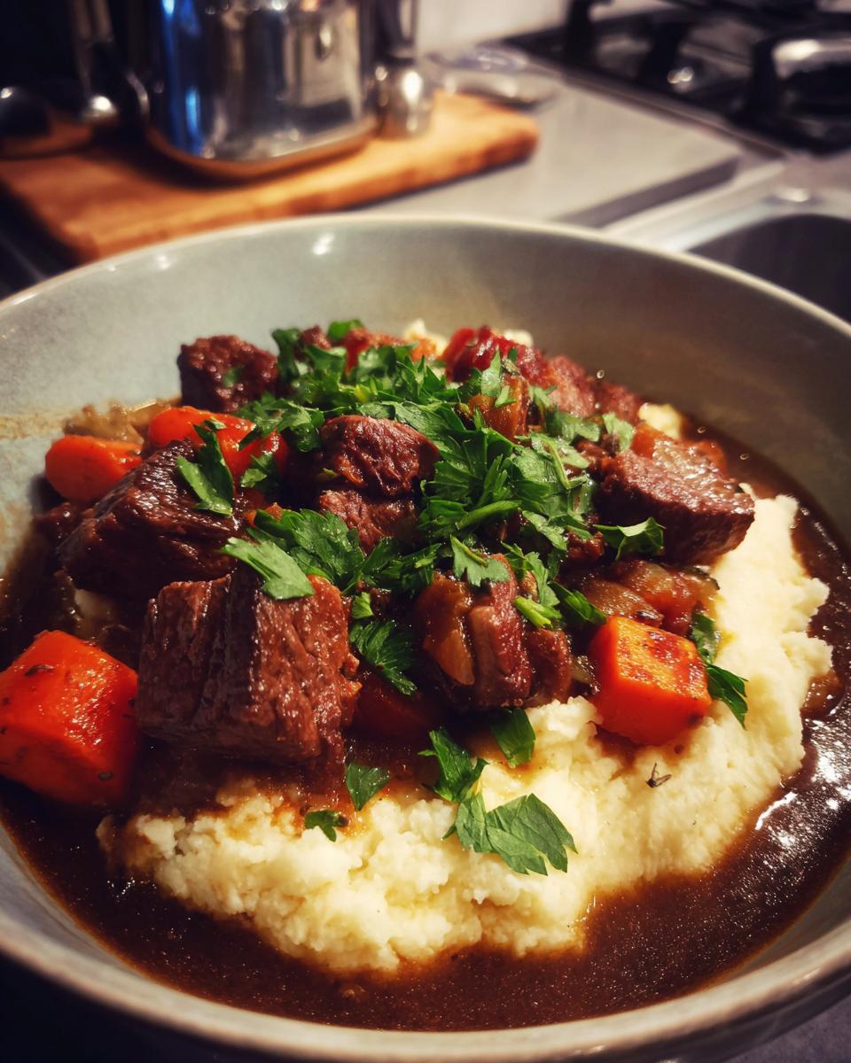 A close-up of a bowl of apple cider beef stew served over creamy mashed potatoes, garnished with fresh parsley.