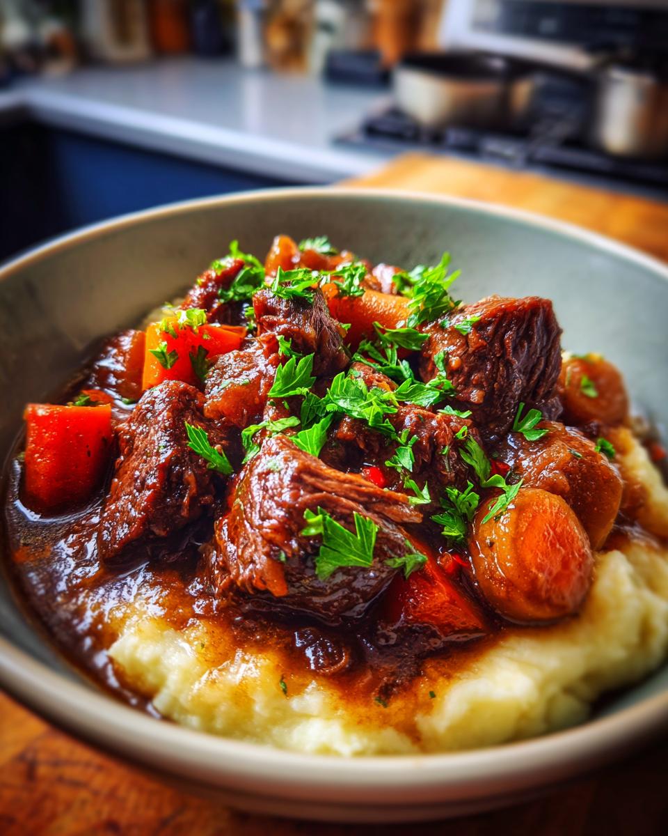 A close-up of a bowl of apple cider beef stew served over creamy mashed potatoes, garnished with fresh parsley.