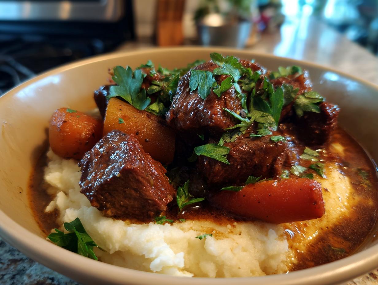 A close-up of a bowl filled with apple cider beef stew served over creamy mashed potatoes, garnished with parsley.