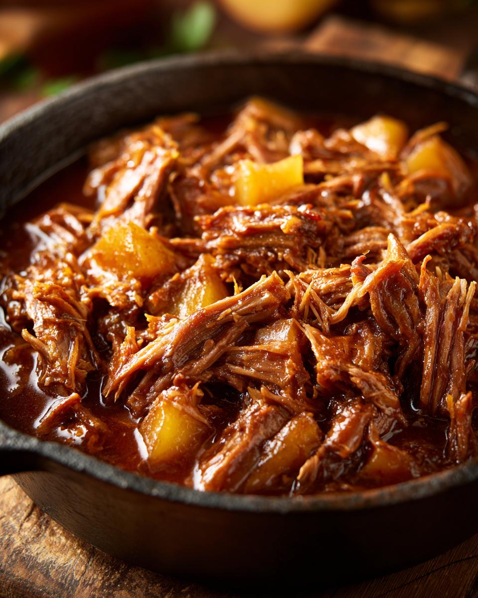 Close-up of shredded apple cider braised pork shoulder with chunks of apple in a cast-iron skillet.