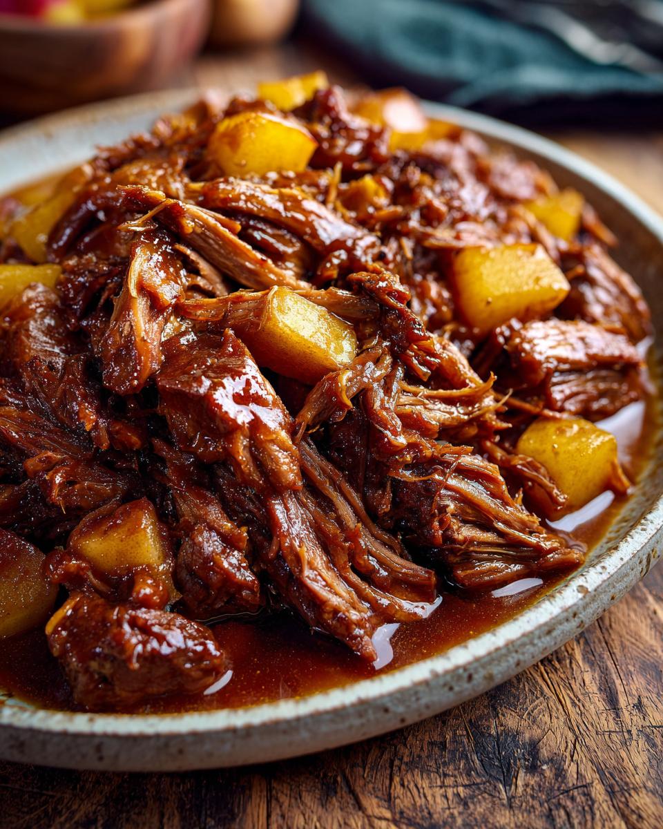 Close-up of tender Apple Cider Braised Pork Shoulder with chunks of apple in a rich sauce.