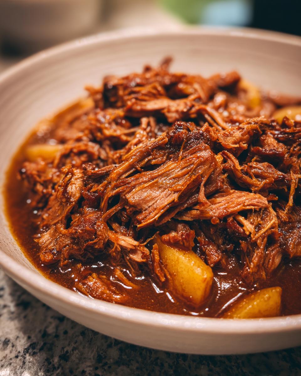 Close-up of shredded apple cider braised pork shoulder in a rich, dark sauce with chunks of apple.